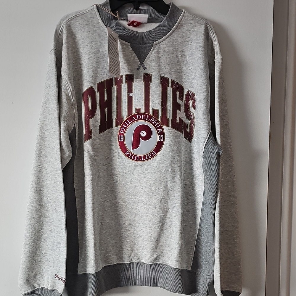 Mitchell & Ness Adult Gr Phillies Crewneck Sweatshirt with Stressed Maroon Logo